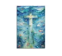 LXDSTK Modern Family Posters Wall Art Bedroom Decor - Christian Posters Cross Under The Sea with Colorful Fish Poster Canvas Prints Artwork 12x18inch(30x45cm) Unframe-style