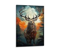 LXDSTK Poster Frame Canvas Wall Art Prints for Room Decor - Deer in The Background of Mountains, Forests And Colorful Clouds in Painting Style 08x12inch(20x30cm) Picture Frame Artwork