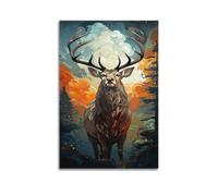 LXDSTK Poster Unframe Canvas Wall Art Prints for Room Decor - Deer in The Background of Mountains, Forests And Colorful Clouds in Painting Style 20x30inch(50x75cm) Picture Unframe Artwork