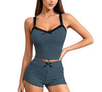 LXEASYGO Women 2 Piece Summer Pyjama Set V-Neck Sleepwear Camisole Shorts Solid Sleeveless Lace Pjs Set Lounge Wear Blue