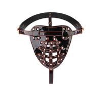 LXIXL Men's PU Chastity Belt with Open Cage, Chain and Metal Details | Adjustable PU chastity briefs with open cage, G-string design and red stitching for men's BDSM and role-play styles