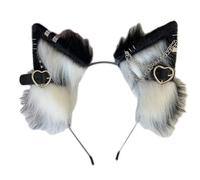 LXJLXD Anime Theme Gatherings Cat Ear Headband with Alloy Earring Movie Enthusiasts Plush Wolf Headband for Teenagers Adult(Black And White)