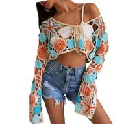 LXJLXD Artistic Hand Weave Beach Shirt Highlighting Cutout Design Long Sleeve Sun Protective Outerwear for Women Crochet Beach Cover Up