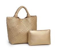 LXJYDN Straw Beach Bag 2 Pcs Women Simple Pu Woven Tote Bag And Handbag Large Capacity Tote Bag-Gold