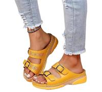 LXLAEOANG Summer Sandals Fashionable Slope Heel Casual Slides Independent Diamond Ladies Slip-On Shoes Rubber Bottom(Yellow,43)