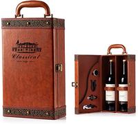 lxllnqh Wine Gift Box for 2 Bottles with 4 Wine Accessories Set, Portable Wine Carrier Bag for Wedding, Anniversary, Party, Travel, Vintage Leather Wine Storage Box for Home, Bar, Decoration and