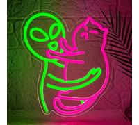 Lxmoneon Cat Alien Neon Sign Green Pink Led Neon Signs USB Alien Neon Light Sign Dimmable Cat Neon Wall Sign Animal Neon Light for Bedroom Game Room Kid's Room Bar Club Pet Shop Party Gift