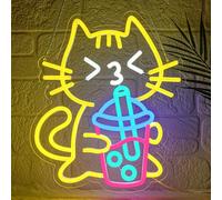 Lxmoneon Cat Neon Sign Bubble Tea Neon Light Yellow Led Signs for Wall Decor USB Cat Boba Neon Signs Cute Animal Neon Light Sign for Bedroom Dessert Bar Coffee Shop Kitchen Restaurant Party
