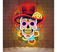 Lxmoneon Day of the Dead Neon Sign, Mexican Sugar Skull LED Neon Light, UV Printed Art Neon Wall Light, USB Powered Skull Neon Sign for Home Bar Game Room Halloween Party Decoration (red)