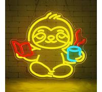 Lxmoneon Reading Sloth Neon Sign for Wall Decor,Sloth With Coffee Cup Book Neon Light,Funny Animal Led Neon Signs for Bedroom Living Room Coffee Bar Library Reading Room Classroom Gift