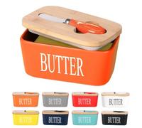 Lxmons Ceramic Butter Bowl with Wooden Lid, Large Butter Container, Stainless Steel Butter Knife Spreader Storage Bamboo Cover and Silicone Sealing Ring for West Coast Butter, Orange