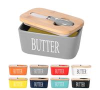 Lxmons Ceramic Butter Dish with Wooden Lid, Large Butters Container Keeper Storage with Stainless Steel Knife Spreader, Bamboo Cover and Silicone Sealing Ring for West East Coast, Grey