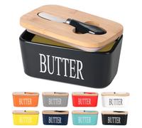 Lxmons Ceramic Butter Dish with Wooden Lid, Large Butters Container Keeper Storage with Stainless Steel Knife Spreader, Bamboo Cover and Silicone Sealing Ring for West East Coast, Black