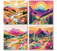Lxmsja 4 Pack Framed Paint by Numbers for Adults Beginner, Landscape Painting by Numbers Kit for Adults Canvas Kits, Easy DIY Acrylic Pigment Drawing Paintwork for Home Wall Decor, 8x8in/20x20cm