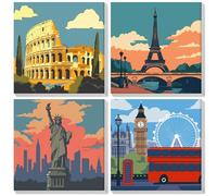 Lxmsja 4 Pack Framed Paint by Numbers for Adults Beginner, Landscape Painting by Numbers Kit for Adults Canvas Kits, Easy DIY Acrylic Pigment Drawing Paintwork for Home Wall Decor, 8x8in/20x20cm
