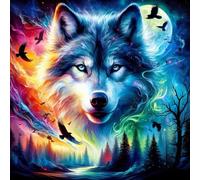 Lxmsja 5D Wolf Diamond Painting, Aurora Complete Kit, Animal Diamonds Crystal Art, Rhinestone Embroidery Cross Stitch, Creative Hobbies for Adults, Wall and Home Decoration, 30 x 30