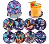 Lxmsja Butterfly Diamond Painting Coasters with Holder, Diamond Art Coasters Set of 8 for Adults Kids Beginners, DIY Funny Drinks Coasters with Cork, Craft Sets Gifts for Women Girls Kids