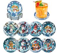 Lxmsja Christmas Diamond Art Coasters Set of 8 with Holder, Animals Diamond Painting Kits for Adults Beginners, DIY Funny Drinks Coaster with Cork, New Home for Women Table Decor