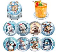 Lxmsja Christmas Diamond Art Coasters Set of 8 with Holder, Animals Diamond Painting Kits for Adults Beginners, DIY Funny Drinks Coaster with Cork, New Home for Women Table Decor