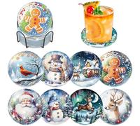 Lxmsja Christmas Snowman Diamond Art Coasters Set of 8 with Holder, Santa Claus Diamond Painting Kits for Adults, DIY Funny Drinks Coaster with Cork, New Home Gifts for Women Table Decor
