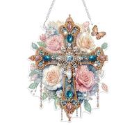 Lxmsja Cross Diamond Art Hanging Ornaments with Chain for Adults, Special Shaped Diamond Painting Flower Pendant Kits, Hanging Crystal Suncatcher Gem Art Kits for Home Door Wall Decor Gifts