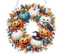 Lxmsja Halloween Wreath Diamond Art Hanging Ornaments with Chain for Adults Kids, Special Shaped Fall Diamond Painting Pendant Kits, Hanging Crystal Suncatcher Gem Art Kits for Home Door Wall Decor