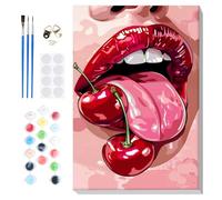 Lxmsja Paint by Numbers Cherry for Adults Beginners with Frame, Painting by Numbers Red Lips on Canvas, DIY Acrylic Oil Painting Kit Art and Crafts Gifts for Home Wall Decor, 8x12inch