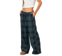 Lxootd Women Gingham Wide Leg Trousers Vintage Y2k Soft Checked Lounge Pant Holiday Tartan Long Pants with Pockets (B-Blue, M)