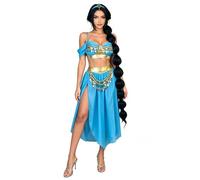 Lxootd Women Princess Jasmine Costume Adult Arabian Princess Halloween Sets | 3pcs, blue chiffon, coin trim, high slit skirt, headpiece, for Halloween, cosplay and belly dance party