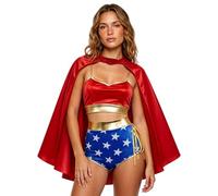 Lxootd Women Sparkly Superhero Outfit Hero Costumes Halloween Cosplay Party | Gold trim spaghetti strap cropped tank tops, star blue mini shorts, red cape, 3 piece