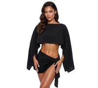 Lxootd Women's 2 Piece Beach Cover Ups Batwing Off Shoulder Irregular Crop Top and Tie Waist Mini Skirt Vacation Boho Sets (Black, S)