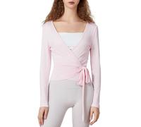 Lxootd Women's Ballet Tops Long Sleeve Deep V Neck Slim Fit Yoga Pilates Wrap Tops Fall Trendy Streetwear (A-Pink, S)