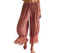 Lxootd Womens Cropped Pants Lace Trim Long Bloomers Y2k Elastic Waist Ruffle Pettipants Flared Slips Pajama Bottoms (Maroon, L)