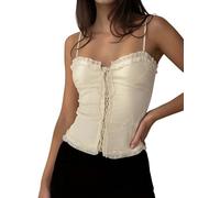 Lxootd Women's Lace Up Corset Cami Top Ruffle Trim Spaghetti Strap Jacquard Bustier Crop Top Y2K Going Out Clubwear (A-Apricot, S)