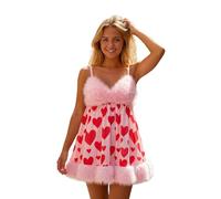 Lxootd Womens Lingerie Dress Heart Print Sheer Backless Plush Patchwork V Neck Spaghetti Strap Mini Babydoll Nightwear Dress (Pink, L)