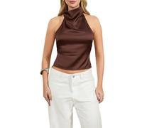Lxootd Women's Silk Satin Tank Tops Sexy Open Back High Neck Solid Color Slim Fit Elegant Camisole Tops (A-Dark Brown, L)