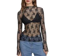 Lxootd Women's Y2K Mesh Tops Mock Neck Sheer Blouse Long Sleeve See-Through Floral Lace T Shirt (A-Black, S)