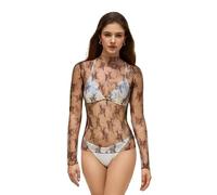 Lxootd Women's Y2K Mesh Tops Mock Neck Sheer Blouse Long Sleeve See-Through Floral Lace T Shirt (A-Brown, M)