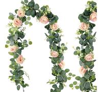 Lxoraziy Artificial Eucalyptus Garland with Pink Flowers, Set of 2 180cm Faux Hanging Vine with Roses, Decorative Floral Greenery for Wedding Arch Table Backdrop Door Garden