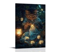 LXPPLSYY A Cat Seamstress Stitching Fairy Dresses from Dandelion Silk Under A Lantern Glow Wall Art Mural Modern Decoration Hanging Art Poster 24x36inch(60x90cm)