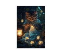 LXPPLSYY A Cat Seamstress Stitching Fairy Dresses from Dandelion Silk Under A Lantern Glow Wall Art Mural Modern Decoration Hanging Art Poster 08x12inch(20x30cm)