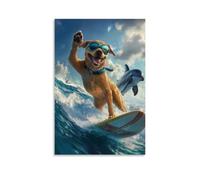 LXPPLSYY A Dog in Goggles Surfs Beside Dolphins, Paw Raised Like A Salute to The Sea. Wall Art Mural Modern Decoration Hanging Art Poster 08x12inch(20x30cm)