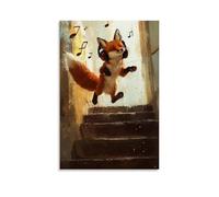 LXPPLSYY A Fox Wearing Headphones Ollies over A Set of Stairs, Music Notes Trailing in The Air. Wall Art Mural Modern Decoration Hanging Art Poster 16x24inch(40x60cm)