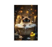 LXPPLSYY A Grumpy Cat Soaking in A Bubble-filled Clawfoot Bathtub with Floating Candles And A Rubber Duck Wall Art Mural Modern Decoration Hanging Art Poster 24x36inch(60x90cm)