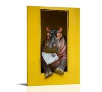 LXPPLSYY A Hippo Squeezing Into A Tiny Toilet Stall, Newspaper in Hooves, Solid Yellow Background Wall Art Mural Modern Decoration Hanging Art Poster 24x36inch(60x90cm)
