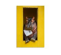 LXPPLSYY A Hippo Squeezing Into A Tiny Toilet Stall, Newspaper in Hooves, Solid Yellow Background Wall Art Mural Modern Decoration Hanging Art Poster 08x12inch(20x30cm)