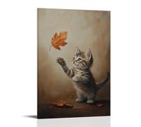 LXPPLSYY A Kitten Playing with A Falling Leaf, Oil Lines Trailing Its Paw in Motion Across A Warm Vanilla Canvas. Wall Art Mural Modern Decoration Hanging Art Poster 12x18inch(30x45cm)