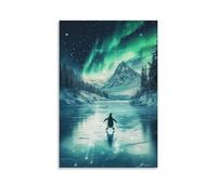 LXPPLSYY A Penguin Figure Skates on A Frozen Lake Under Falling Aurora Lights. Wall Art Mural Modern Decoration Hanging Art Poster 08x12inch(20x30cm)