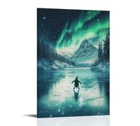 LXPPLSYY A Penguin Figure Skates on A Frozen Lake Under Falling Aurora Lights. Wall Art Mural Modern Decoration Hanging Art Poster 12x18inch(30x45cm)