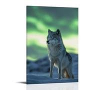 LXPPLSYY A Proud Wolf Standing Beneath Northern Light, The Scene Tinted in Icy Oils Against A Soft Silver Sky. Wall Art Mural Modern Decoration Hanging Art Poster 20x30inch(50x75cm)